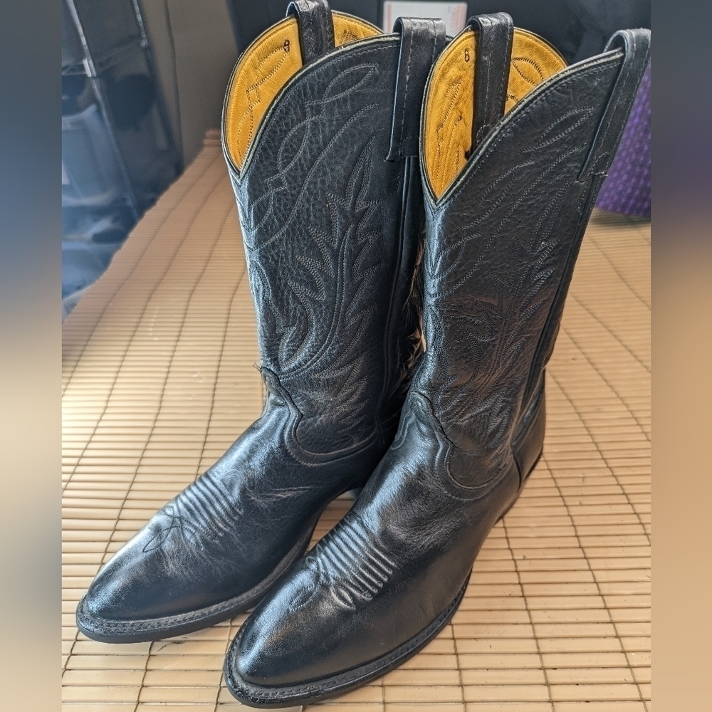 Men's Nocona Black Label Black Leather Cowboy Western Rancher Pull On Boots Size